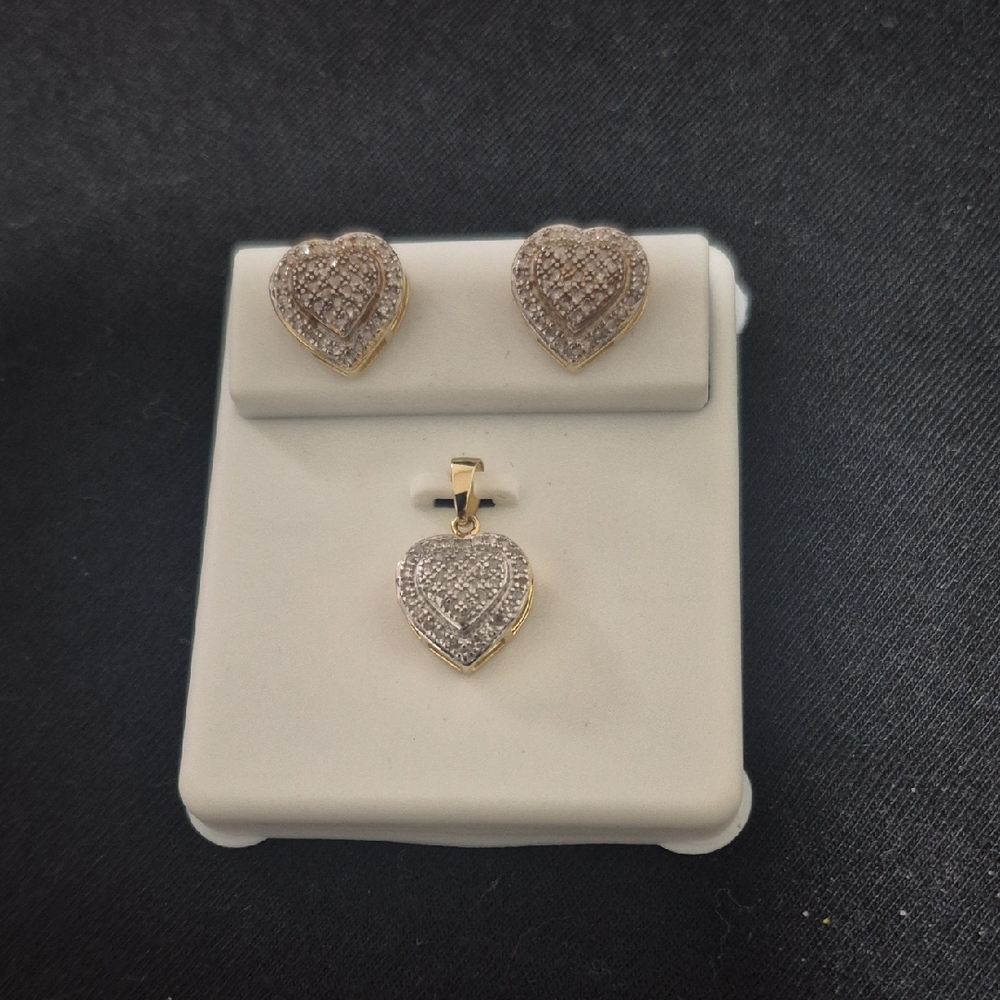 0.40CTW Diamond Heart Pendant & Earrings Set 925 Silver On Gold Vermeil